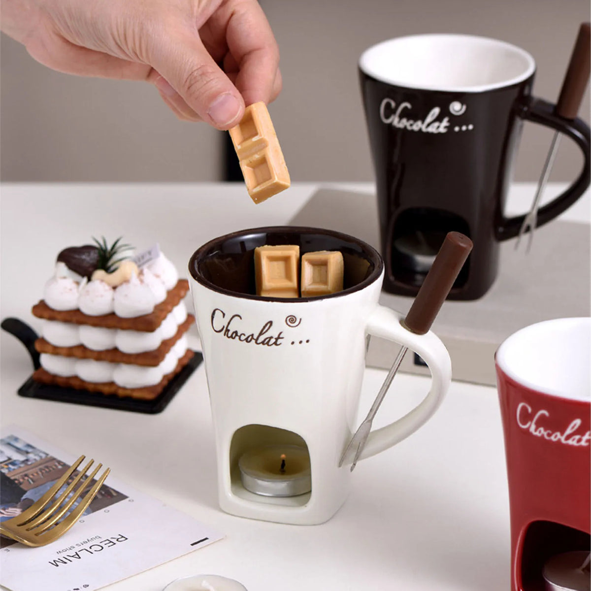 EatFondue chocolate fondue mug warmed by a tealight candle