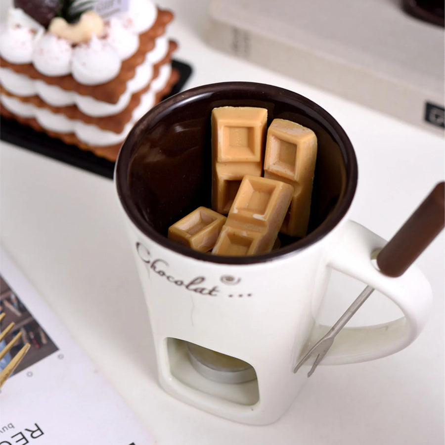 Melted chocolate in the EatFondue ceramic fondue mug