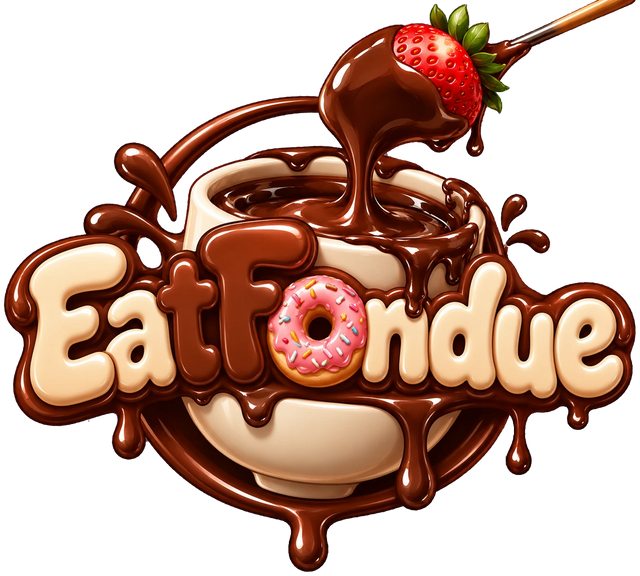 EatFondue logo: a strawberry dipped into a ceramic fondue mug of melted chocolate